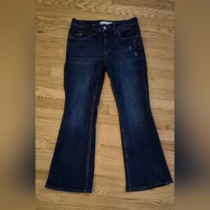 Kancan Women's 28 Dark Blue Mid Rise Flap Pocket Flare Jeans Style 197175